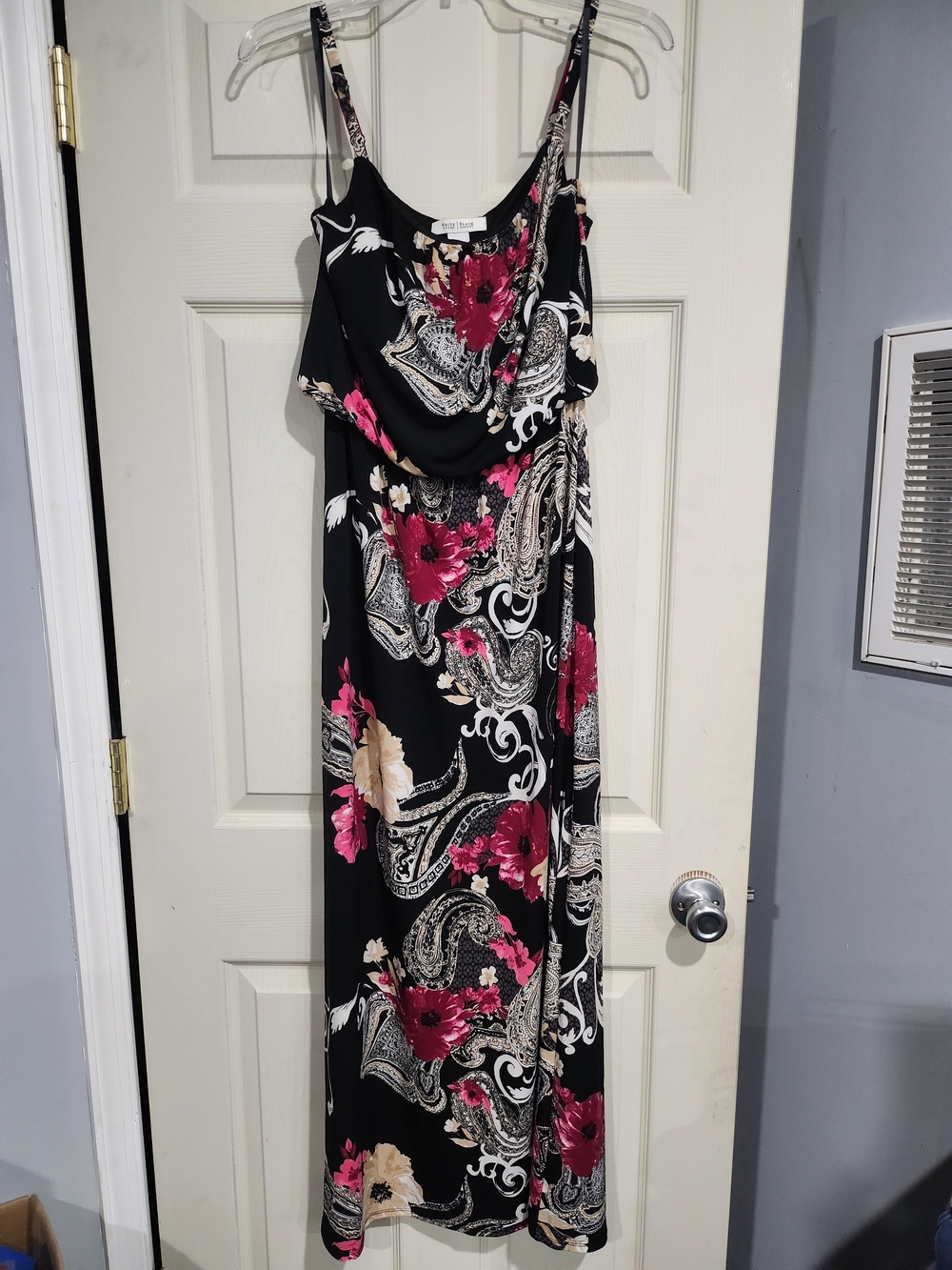 1008. Women’s Black Floral Maxi Dress with Pink and Cream Accents